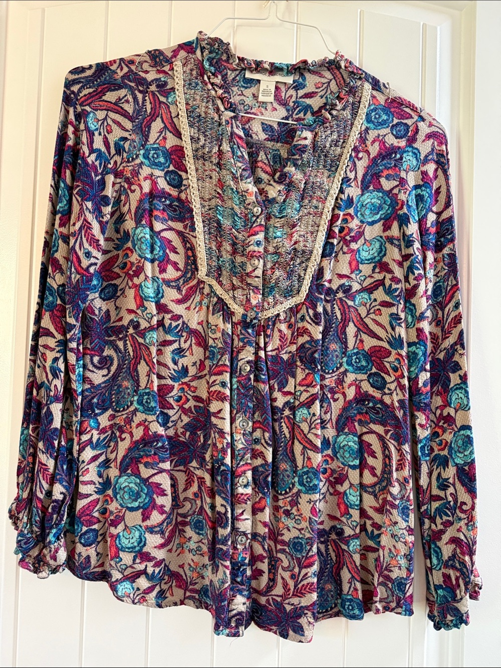 Vintage America Floral Button-Front Blouse in Teal, Purple & Cream